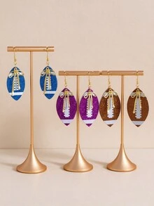 1 Pair Sporty Sequin Print Football & Bow Knot Layered Women's Earrings - Brown - View 1