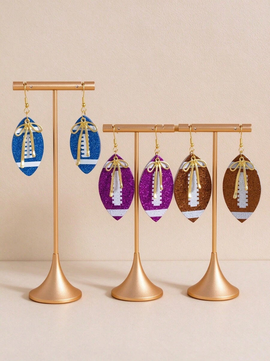 1 Pair Sporty Sequin Print Football & Bow Knot Layered Women's Earrings - Brown - View 1