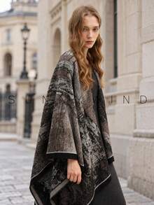 1pc Women's Solid Color Polyester Warm Versatile Elegant Casual Shawl For Daily Use - Black - View 2