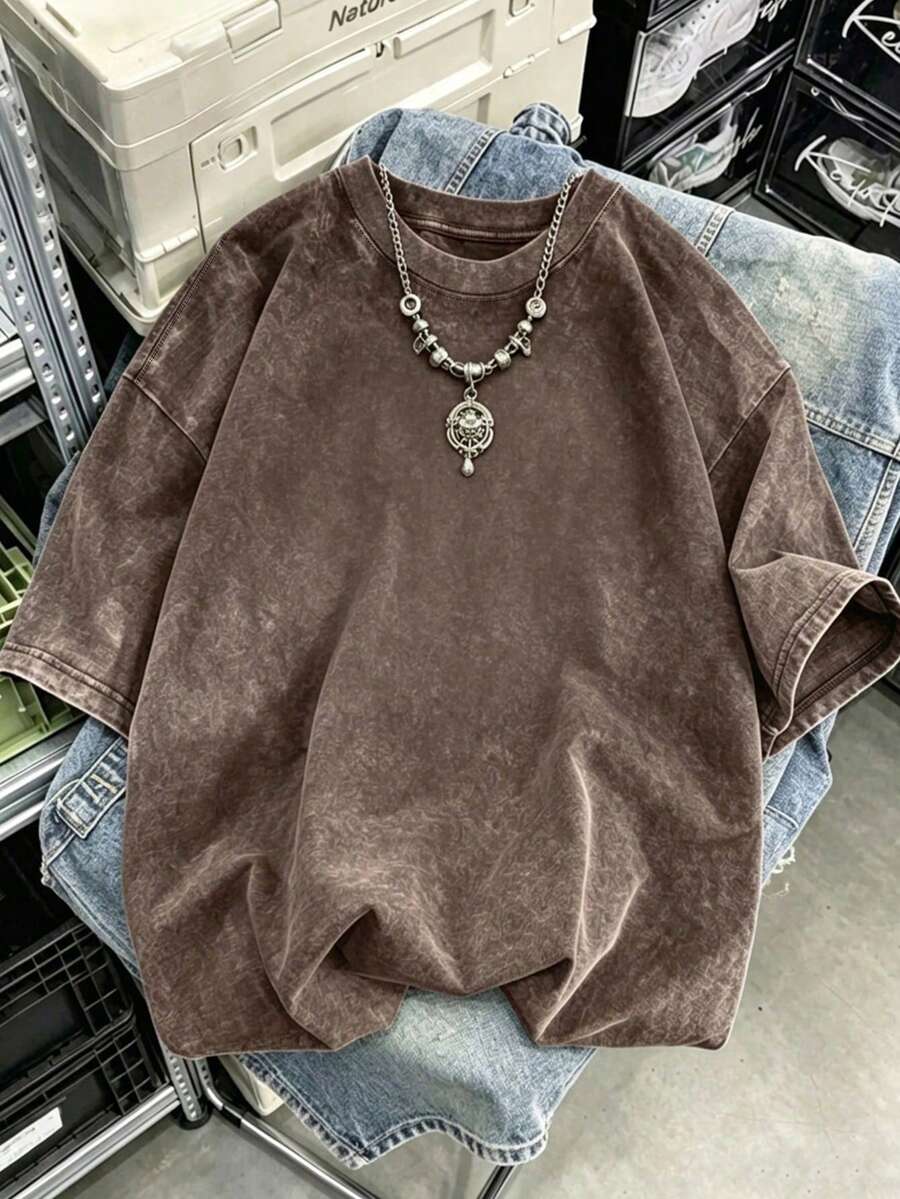 Plus Size Women's Vintage Distressed Crew Neck Short Sleeve Casual Loose Versatile T-Shirt - Brown - View 1