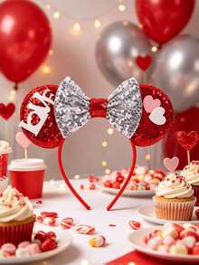Disney1pcs Heart Mouse Ears Headband, Red Sequin Bow Cosplay Party Hair Accessory For Adults - Multicolor - View 6