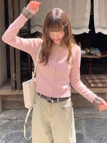 Women's Autumn/Winter New Patchwork Knit Cardigan Elegant Youthful Top - Pink - View 5