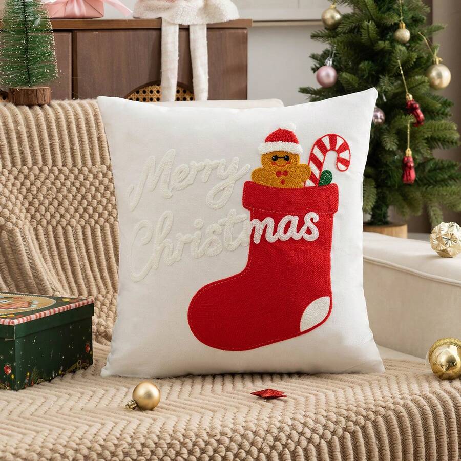 1pc Christmas Tree Embroidered Pillow Case, Christmas Style, Suitable For Living Room, Bedroom, All Seasons - Multicolor - View 1