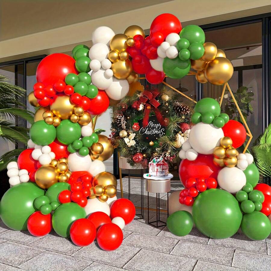 Christmas Balloon Garland Arch Kit With Red, Gold, Green Balloons, Suitable For Holiday, Christmas Eve, Christmas Party Background Decoration, Photo Props - View 1
