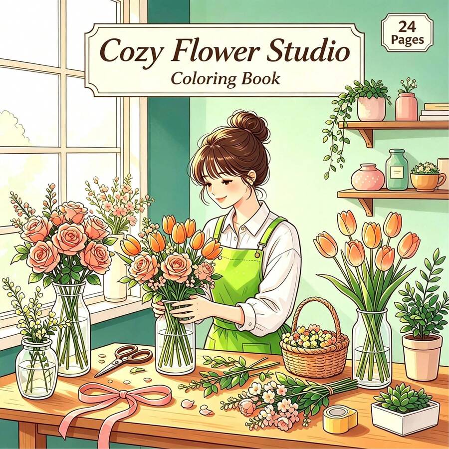 1 Adult Coloring Book Cozy Girl Daily Life Coloring Book, 24 Pages Relaxing Home Scenes Coloring Pages, Suitable As Birthday And Holiday Gift For Women And Girls - Floral Girl - View 1