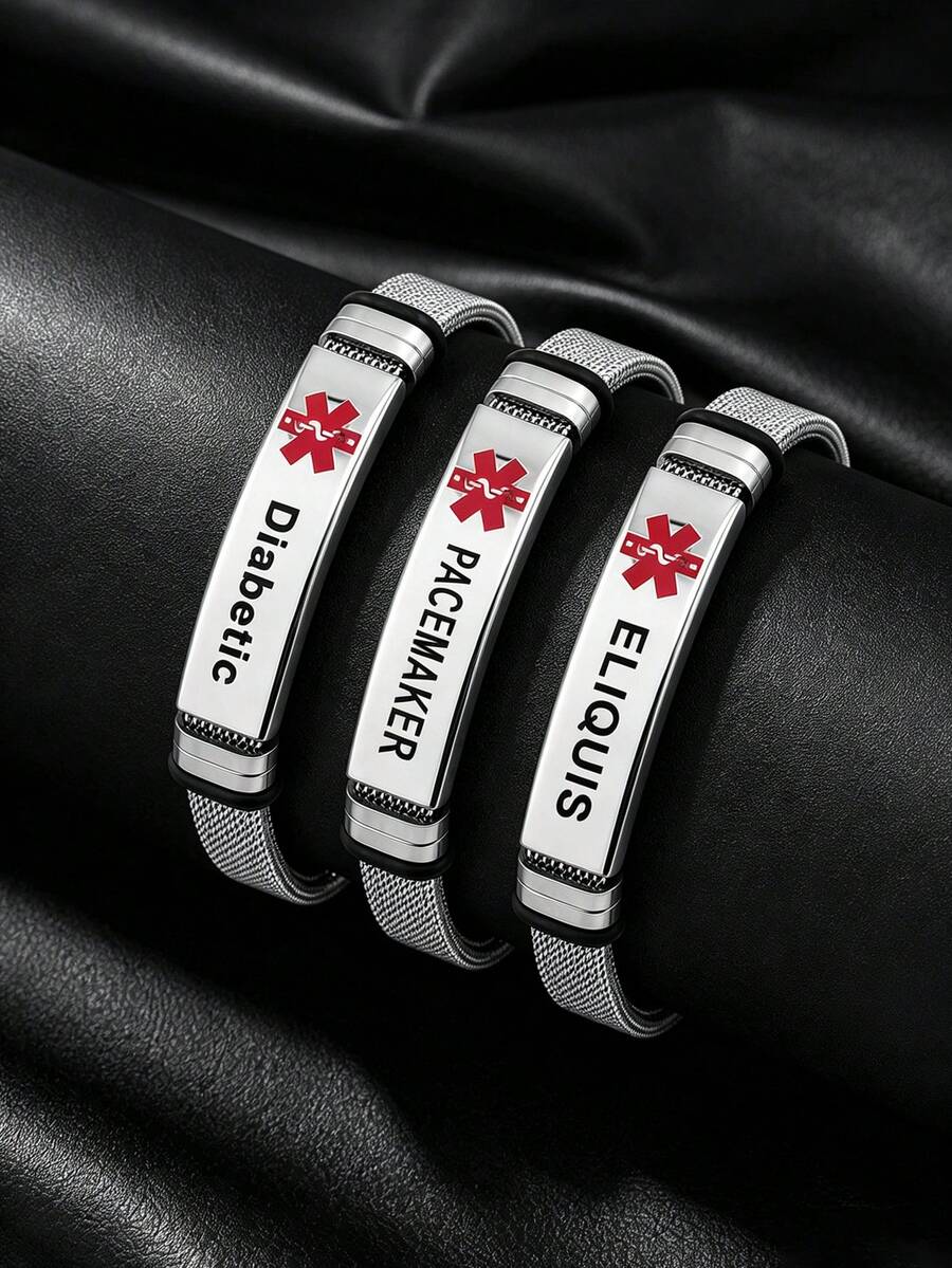 1PC Warning Sign Stainless Steel Mesh Bracelet, A Daily Travel Essential For Diabetic Patients, Adjustable Jewelry Accessory For Men And Women