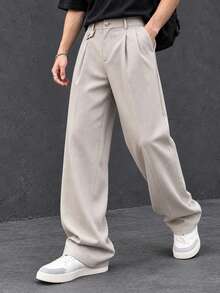 Men's Woven Fashion Casual Solid Color Pleated Design Light Apricot Straight Leg Loose Long Suit Pants, Suitable For Summer, Campus, Autumn - Apricot - View 2