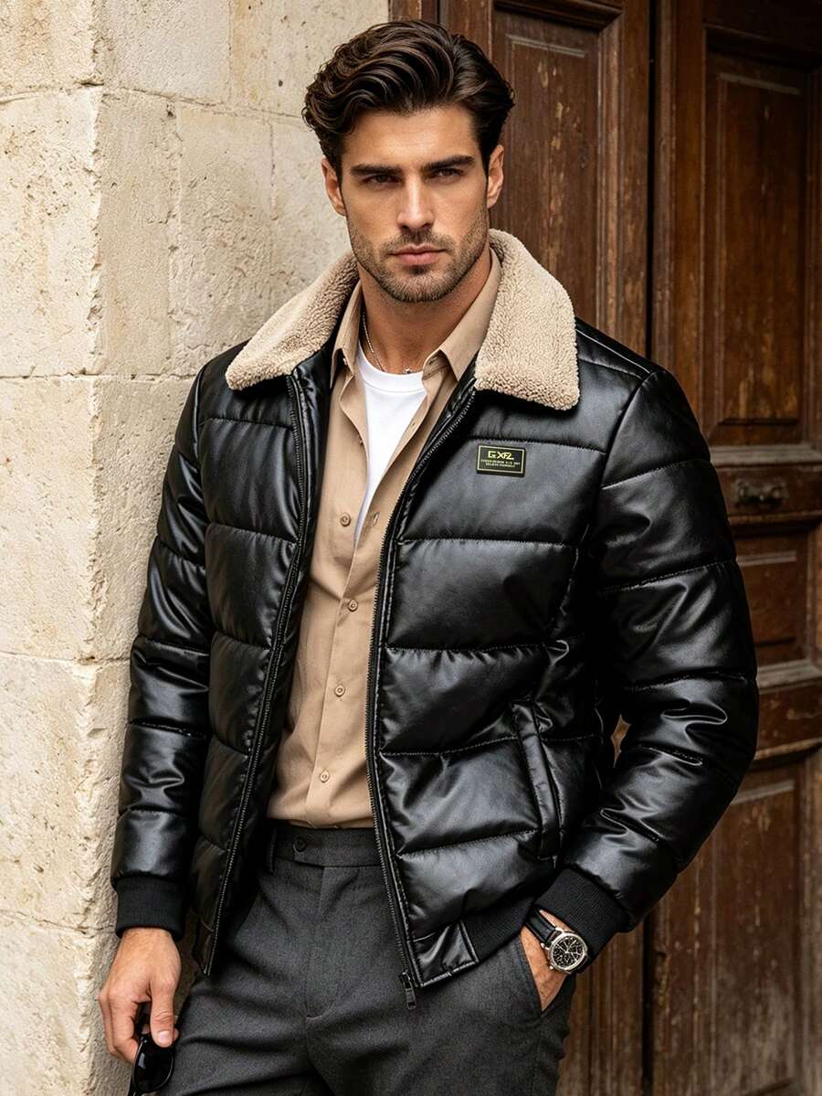 Men's Winter Long Sleeve Fur Collar Padded Coat, Suitable For Daily Commute, Vacation, Gift Giving - Black - View 1
