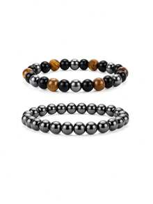 2/4pcs Men Beaded Stackable Bracelet Set, Tiger Eye & Obsidian Hematite Stone, Minimal Retro Casual Style, Bead Wristband, All Season Daily Accessory - Multicolor - View 12