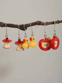6pcs Cute Creative Realistic Yellow Duck & Apple Earrings, Personalized Fun 3D Cheering Duck Earrings For Women - Multicolor - View 2