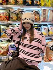 Women's Autumn/Winter Colorblock Striped Collared Sweater, Casual Loose Fit Pullover Long Sleeve Knit Top - Pink - View 1