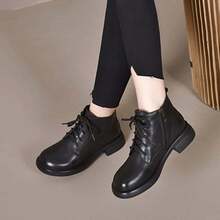 Autumn/Winter New Women's Soft Leather Lace-Up Boots, British Style Round Toe Flat Leather Shoes, Soft Leather Ankle Boots - Black - View 1
