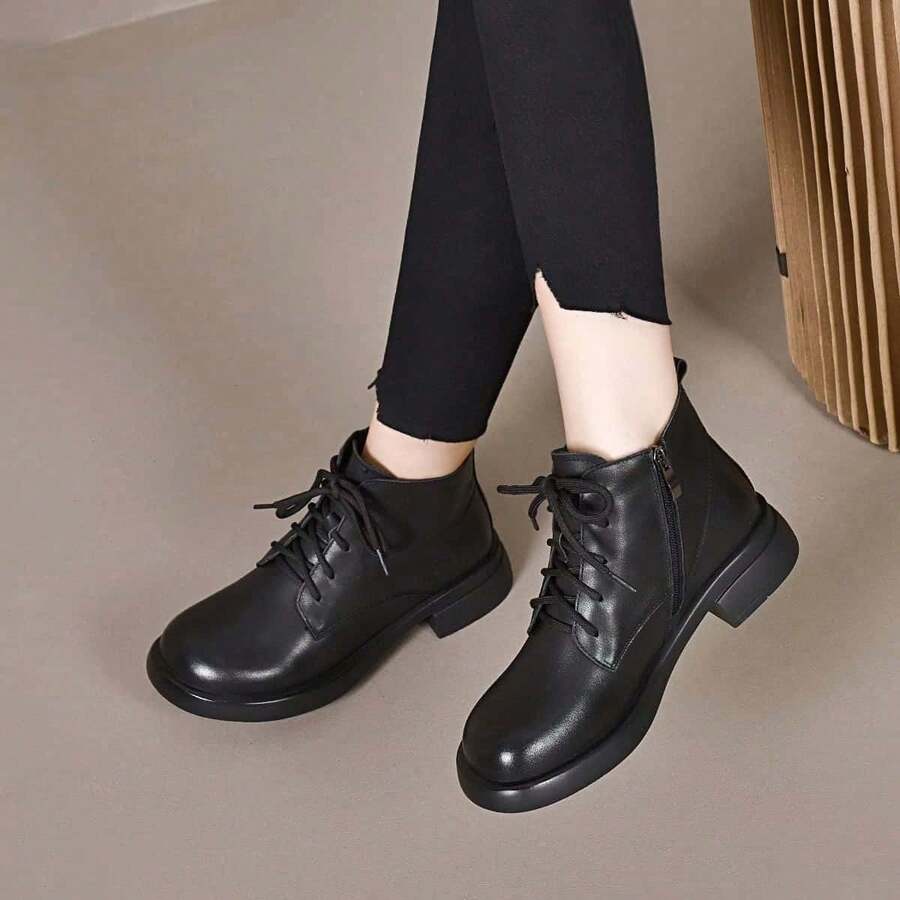 Autumn/Winter New Women's Soft Leather Lace-Up Boots, British Style Round Toe Flat Leather Shoes, Soft Leather Ankle Boots - Black - View 1