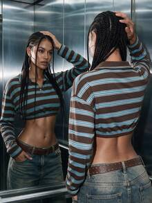 Women's Casual Striped Collar Button Oversized Micro Cropped Long Sleeve Tops For Daily,Winter Fall Clothes,Fall Winter Outfit,Going Out Tops - Coffee Brown - View 1