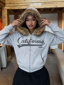 2026 Women's Faux Fur Collar Full Zip Hoodie Sweatshirt With California Graphic, Loose Casual Jacket For Daily And Weekend Wear - Multicolor - View 7