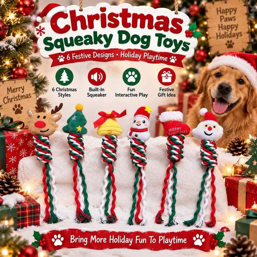 6PCS Christmas Dog Squeaky Toys, Xmas Pet Rope Plush Chew Toys Set, Holiday Puppy Teething Interactive Toys For Small Medium Dogs - Multicolor - View 1