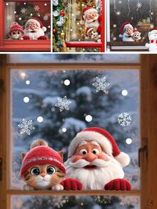 BRUP 1PC Santa Claus & Cat Static Window Cling, Window Sticker, Double-Sided Printed, No Glue Removable Holiday Decor, Christmas Glass Decal For Kids Room - Multicolor - View 1