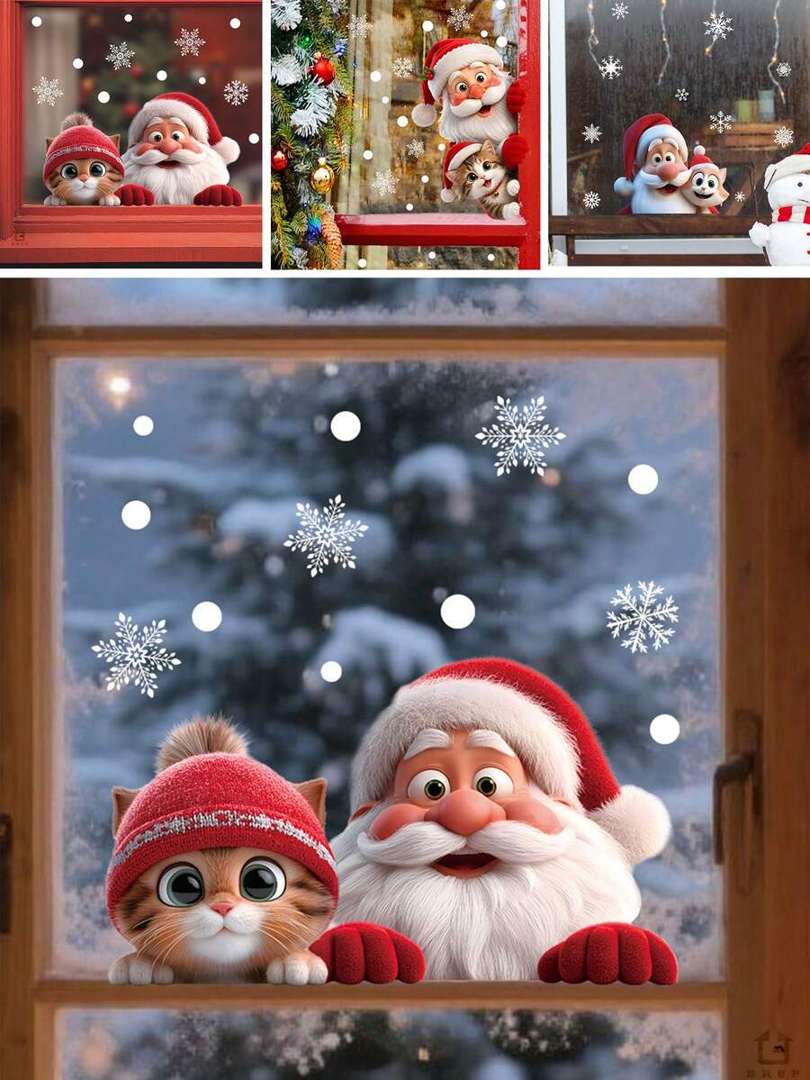 BRUP 1PC Santa Claus & Cat Static Window Cling, Window Sticker, Double-Sided Printed, No Glue Removable Holiday Decor, Christmas Glass Decal For Kids Room - Multicolor - View 1
