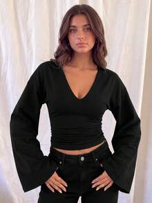 Women Deep V‑Neck Flare Long Sleeve Crop Top, Batwing Sleeve Slim Ruched Y2K Going‑Out Streetwear Blouse - Charcoal Black - View 1
