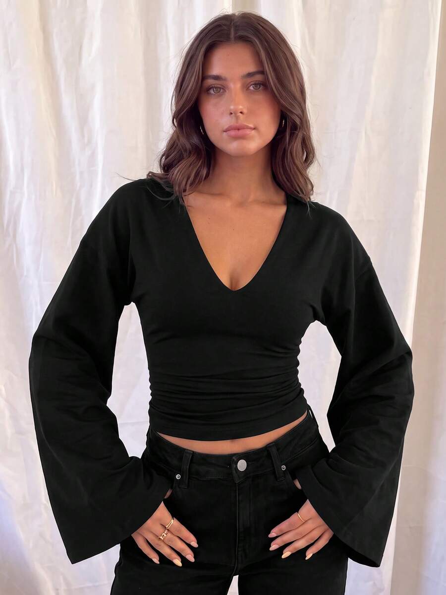 Women Deep V‑Neck Flare Long Sleeve Crop Top, Batwing Sleeve Slim Ruched Y2K Going‑Out Streetwear Blouse - Charcoal Black - View 1