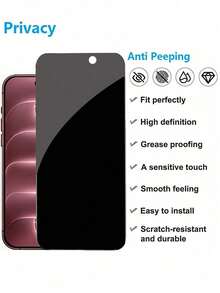 3Pcs 9D Privacy Tempered Glass Screen Protector, Anti-Spy Anti-Fingerprint Full Coverage Anti-Scratch Phone Screen Guard Film Compatible With IPhone Duo 18 Pro Max 17 16 15 Plus 14 13 12 11 Series - Black - View 3