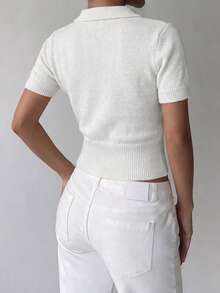 Unadoll Women's White Polo Collar Knit Top, Elegant Basic Short Sleeve Slim Fit Fuzzy Sweater, Suitable For Back To School, Daily Wear And Commuting - Off White - View 3