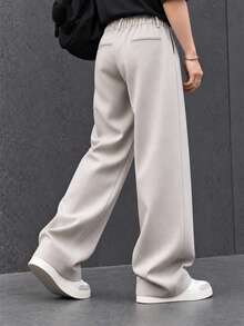 Men's Woven Fashion Casual Solid Color Pleated Design Light Apricot Straight Leg Loose Long Suit Pants, Suitable For Summer, Campus, Autumn - Apricot - View 6