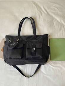 New Casual Solid-Color Nylon Shoulder Tote Bag With Coin Pouch Charm, Stylish Metal Buckle And Zipper Accents, Large Capacity, Multi-Pocket Handbag - Black - View 8