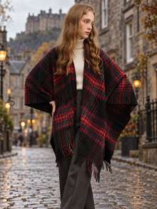 1pc Women's Solid Color Polyester Warm Versatile Elegant Casual Shawl For Daily Use - Black - View 5
