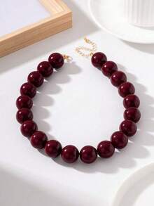 Mydear 1pc Vintage Geometric Resin Beaded Necklace, Brown Tone, Suitable For Women's Daily And Party Wear - Round Bead Necklace - View 2