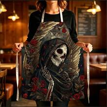 1pc Halloween Skull Floral Party Print Apron - Halter Neck Sleeveless Design, Decorated With Skull, Wavy Halo, Rose And Daisy Patterns, Suitable For Kitchen Cooking, Housework Cleaning And Halloween Party Use, Home Decor, Atmosphere Apron, Fun Home Daily Necessities, Joyful Holiday Gift - Multicolor - View 6