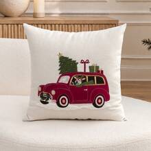 1pc Christmas Tree Embroidered Pillow Case, Christmas Red Flag Car & Reindeer Pillow Cover, Suitable For Indoor Decoration, Christmas Decor, All-Season Pillow Case, Without Insert - Multicolor - View 10