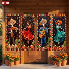 2D Flat Style, 4pcs Mexican Festival Banner, Suitable For Day Of The Dead Decoration, Vertical Hanging Backdrop With Skeleton Music And Dance Pattern, Can Be Used For Indoor Party, Photography And Ritual Activities - A - View 3
