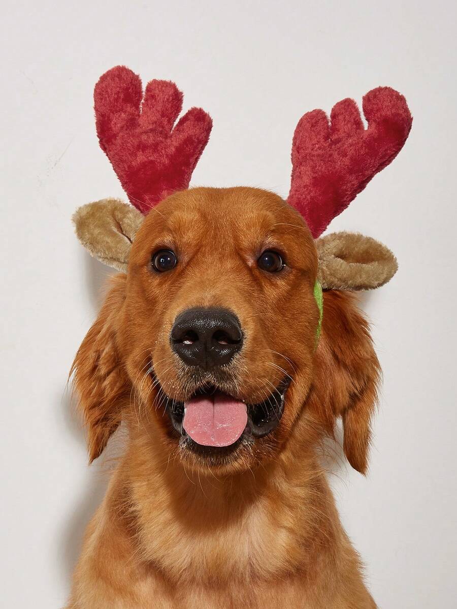Plush Reindeer Antlers Dog Headband, Christmas Pet Costume Accessory, Holiday Photo Outfit Fits Large Dogs