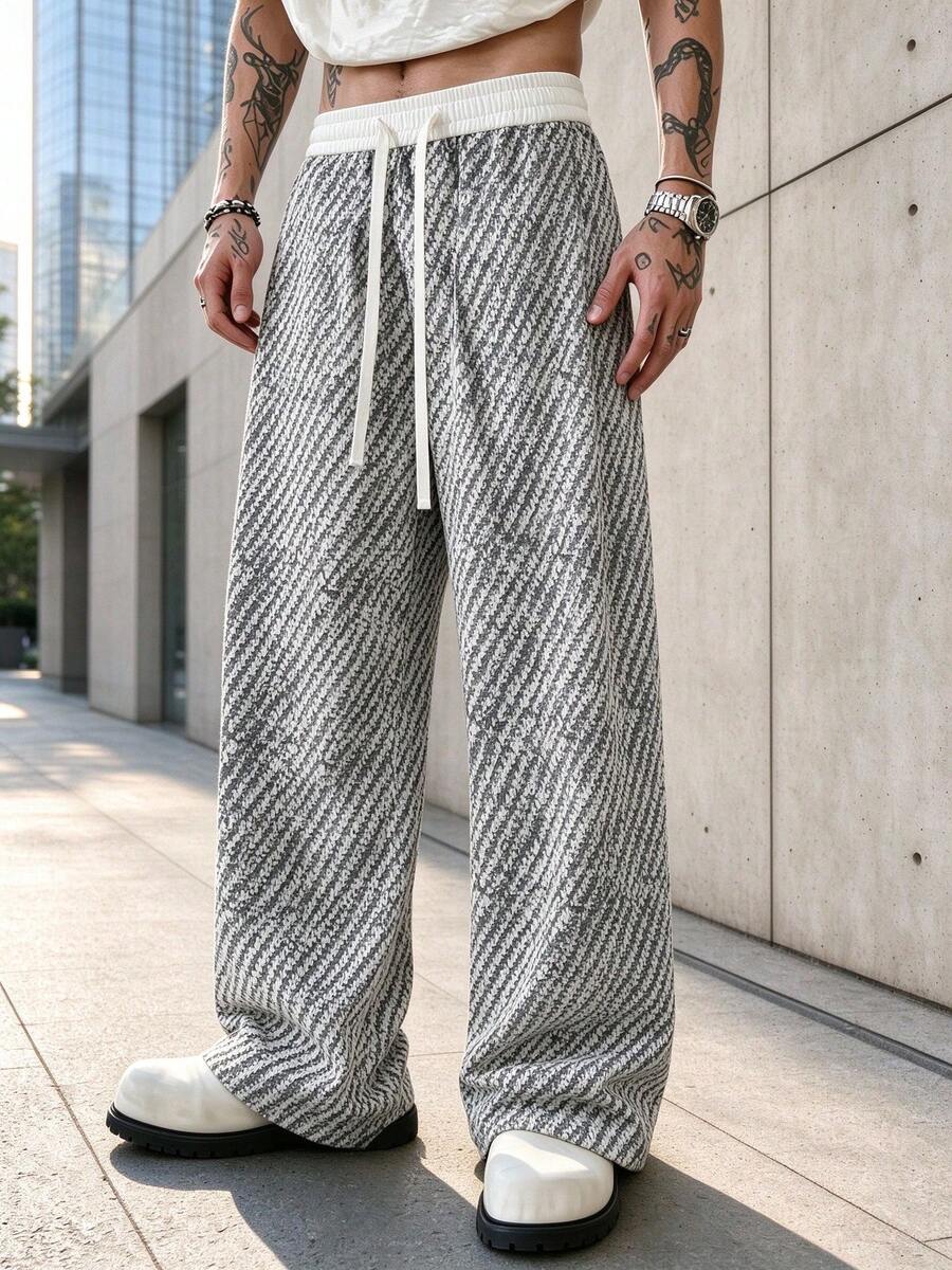 Old Money Style American Vintage Jacquard Textured Design Draped Loose Straight Leg Casual Pants - White - View 1