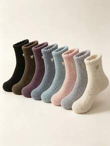 2/5 Pairs Women Heart Embroidery Fuzzy Crew Socks, Soft Cozy Coral Fleece Mid Calf Socks, Warm Fluffy Winter Home Socks Multi Pairs Random - Multicolor - View 2