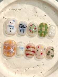 10Pcs Square Press On Nails, Milky Sheer Base, Hand-Painted Snowman, Christmas Tree, Bowknot, Plaid & Polka Dot Design, Christmas Handmade False Nails - Multicolor - View 1