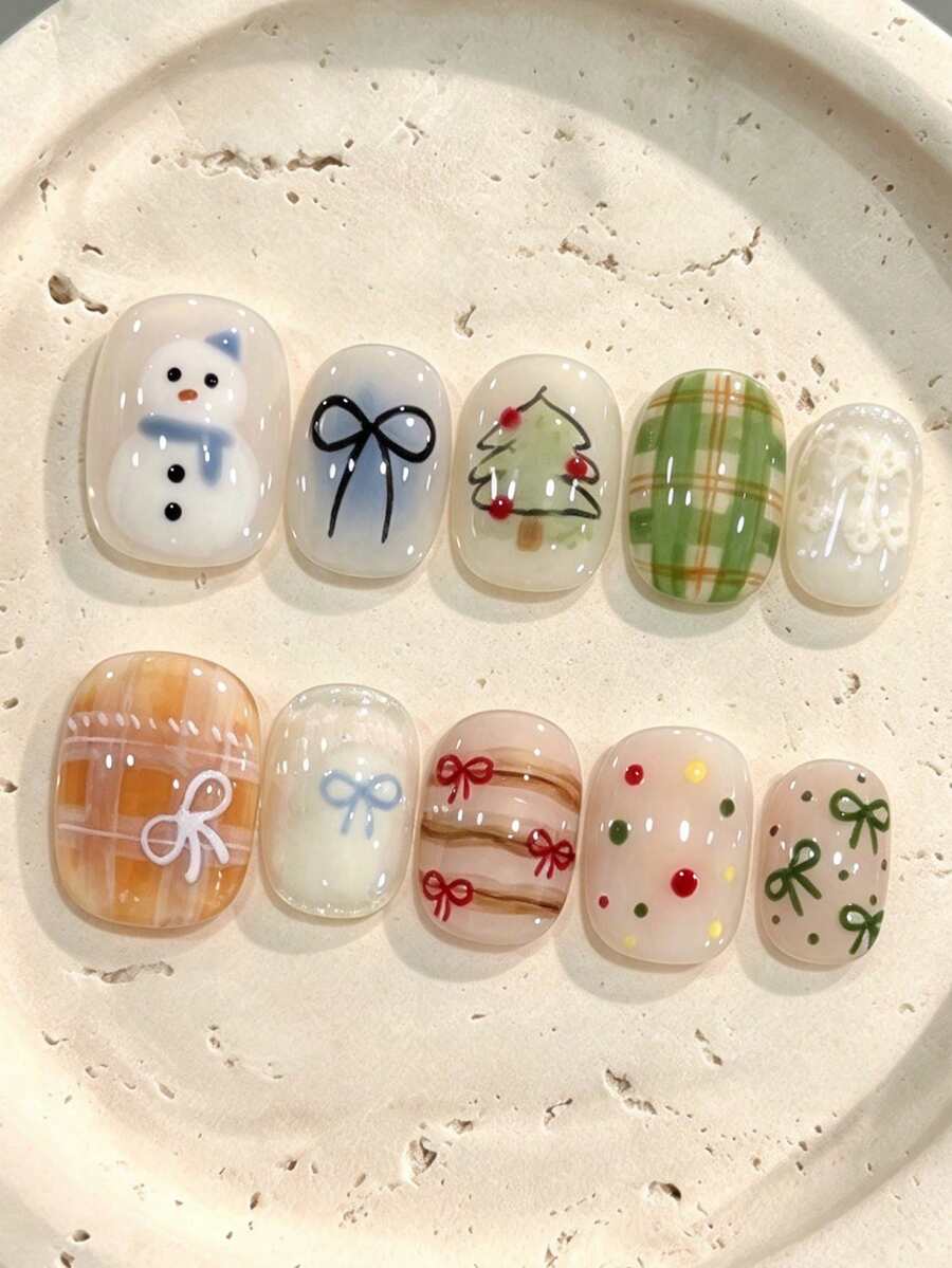 10Pcs Square Press On Nails, Milky Sheer Base, Hand-Painted Snowman, Christmas Tree, Bowknot, Plaid & Polka Dot Design, Christmas Handmade False Nails - Multicolor - View 1
