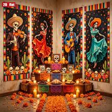 2D Flat Style, 4pcs Mexican Festival Banner, Suitable For Day Of The Dead Decoration, Vertical Hanging Backdrop With Skeleton Music And Dance Pattern, Can Be Used For Indoor Party, Photography And Ritual Activities - A - View 1