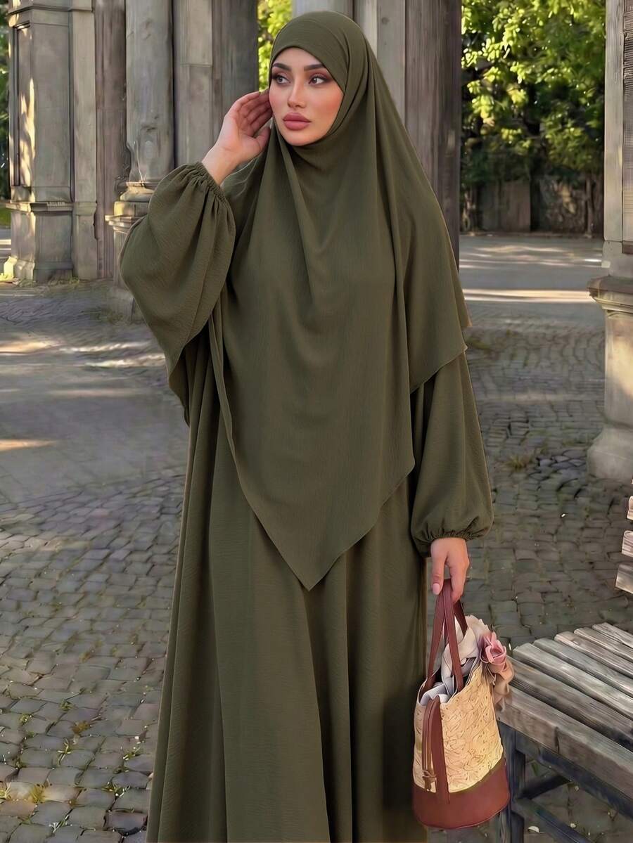 Muslim Abaya Set, Solid Black Textured Long Sleeve Maxi Inner Dress & Asymmetrical Hem Open Outerwear, Modest Dubai Islamic Robe For Women - Army Green - View 1