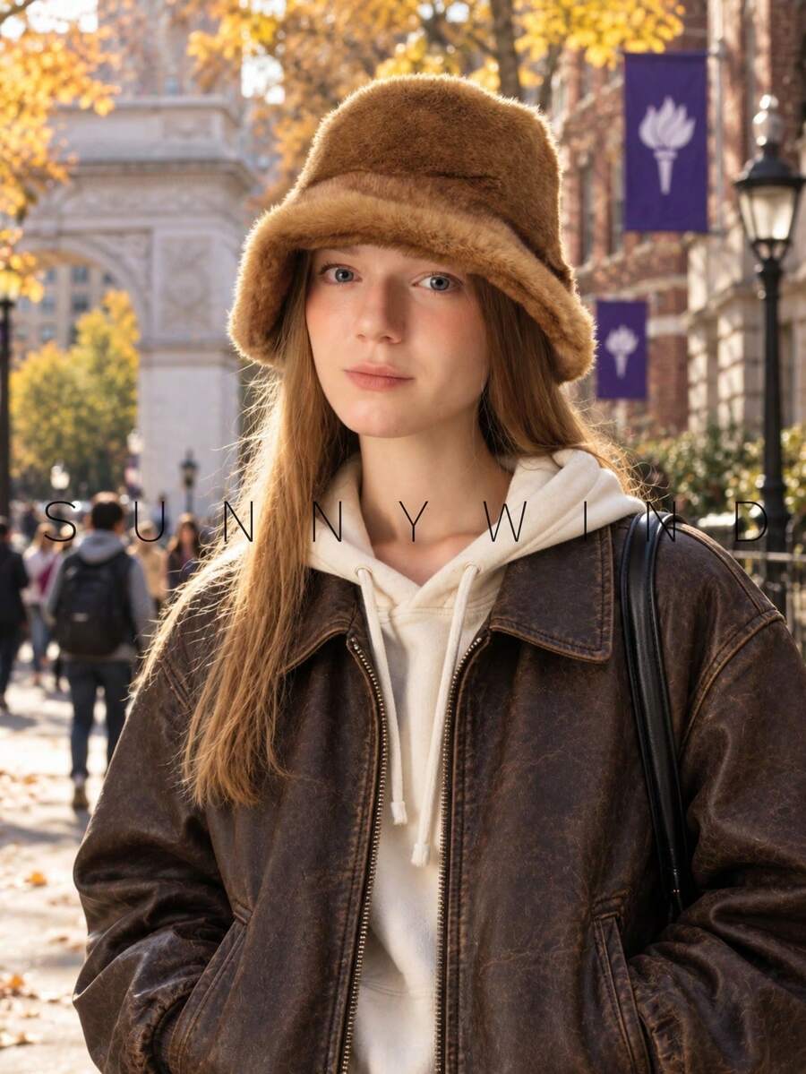 1PC Solid Color Faux Fur Bucket Hat, Casual College Style, Versatile Fashion Polyester Hat For Autumn/Winter Daily Wear - Brown - View 1