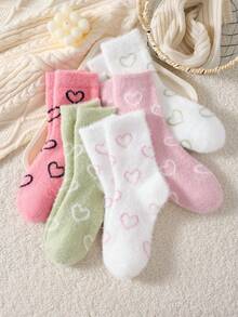 2/4/10 Pairs White And Pink Fuzzy Women's Mid-Calf Socks, Heart Pattern Warm Socks, Soft And Comfortable, Random Color - Multicolor - View 3