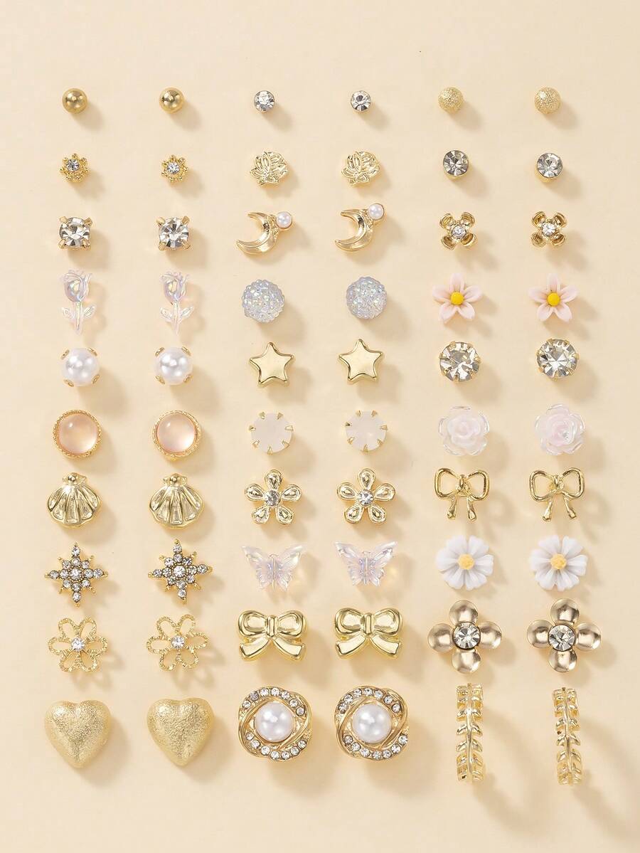 30 Pairs Women's Stud Earrings Set, Cute Small Bow, Star, Shell, Flower Pattern Earrings Combination, Suitable For Daily, Vacation, Outing Wear, Jewelry Holiday Gift - Multicolor - View 1