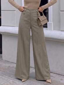 Women's French Minimalist Vertical Striped High Waist Wide Leg Pants, Side Buckle Design Loose Floor-Length Suit Trousers, Suitable For Street Style, Weekend Outings, Versatile Daily Casual Bottoms - Volcanic Gray - View 4