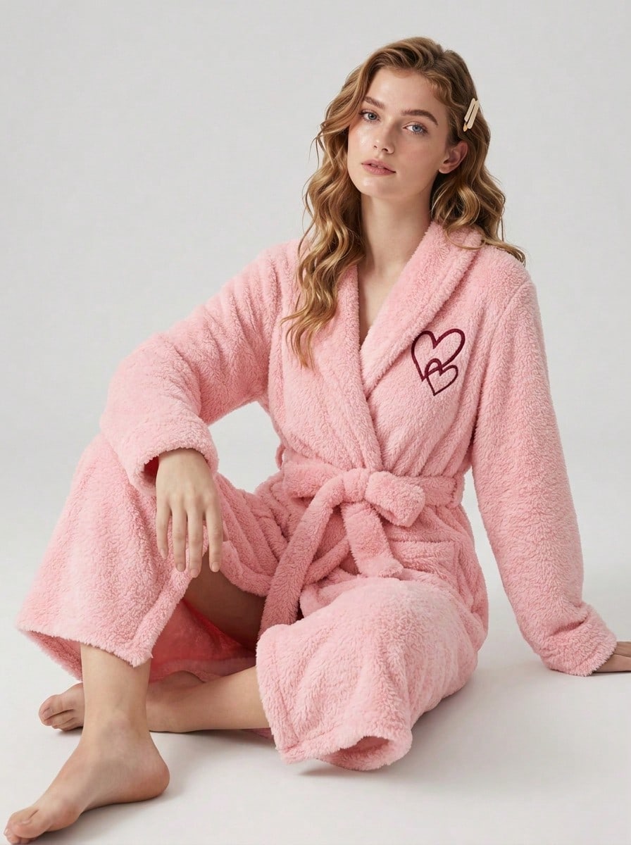 Aesletic Autumn/Winter Flannel Embroidered Heart Print Long Robe, Sweet Romantic Tie-Waist Bathrobe Loungewear For Women - Pink - View 1