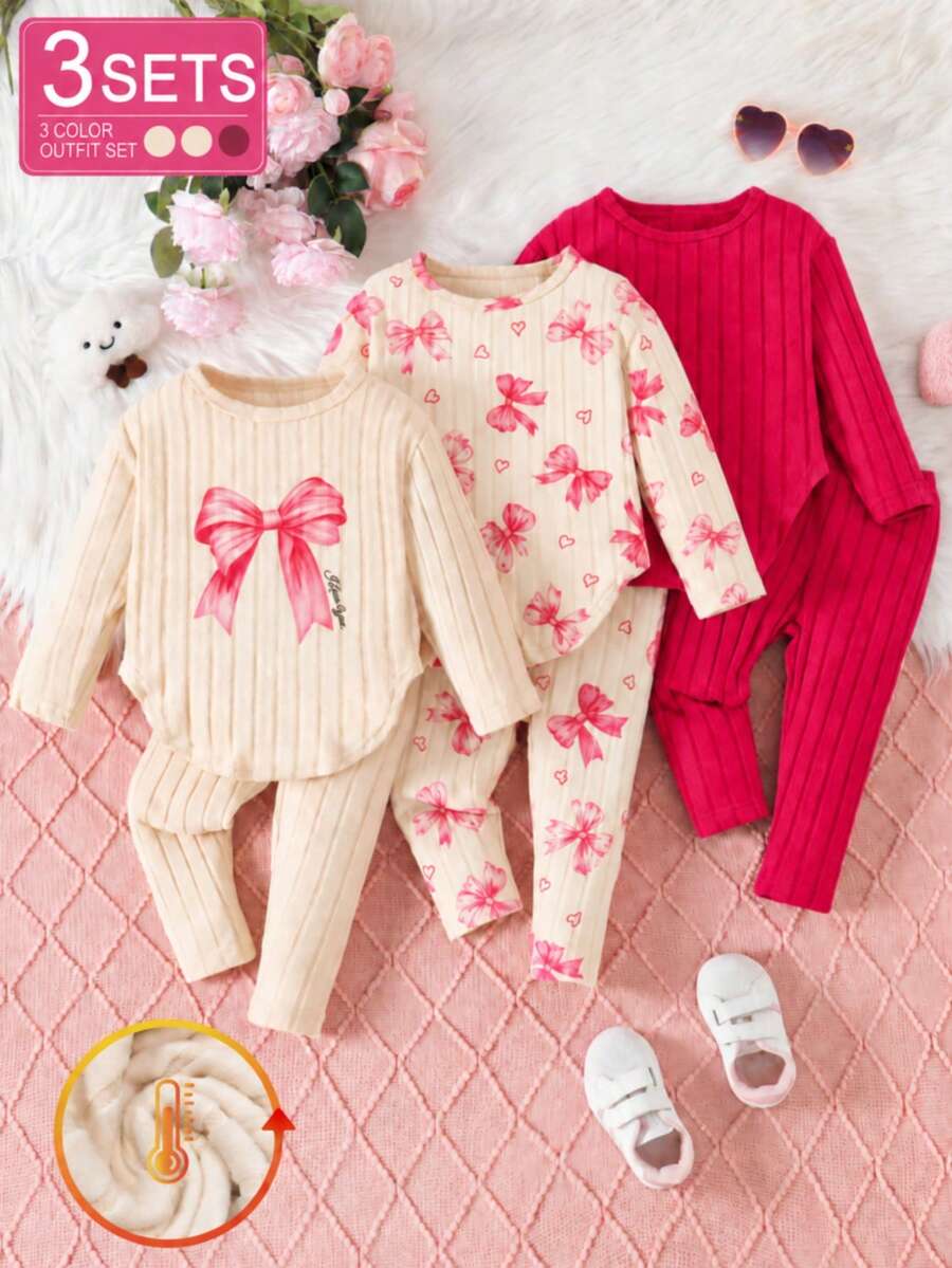 Sweet Style Girls' 3-Piece Thermal Underwear Set, Pink Bow Pattern Ribbed Crew Neck Long Sleeve Top + Pants, Cozy Home Wear Autumn Outfit - Multicolor - View 1