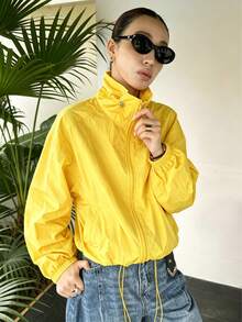 Women's Short Lightweight Jacket, Passionate Yellow, Single Layer, Drawstring Collar, Loose Fit, Fashionable Versatile, Wear Alone Or Layer - Yellow - View 17