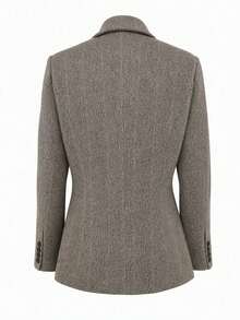 Women's Vintage Herringbone Knit Blazer, Pointed Collar Long Sleeve, Faux Pockets, Single-Breasted Closure, Regular Length Autumn Jacket - Dark Grey - View 8