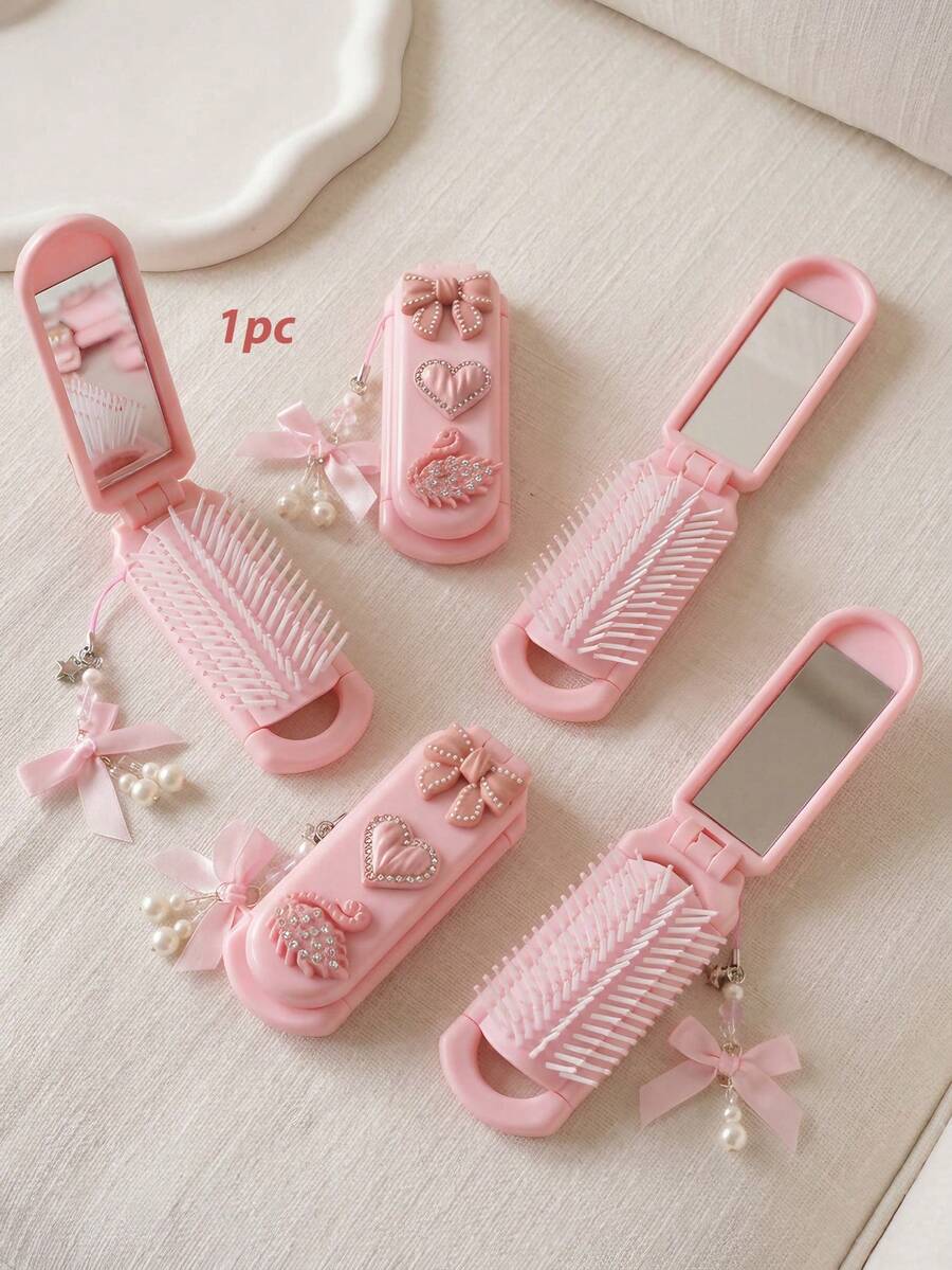 1 buah Sisir Lipat Pink dengan Cermin, Sisir Mini Lucu untuk Perjalanan dengan Hiasan Pita Berlian Imitasi, Hati, Angsa, dan Gantungan Kunci Mutiara, Sisir Saku Lipat Portabel, Cocok untuk Wanita, Hadiah Alat Penata Rambut Gaya Kawaii Y2K - MultiWarna - View 1