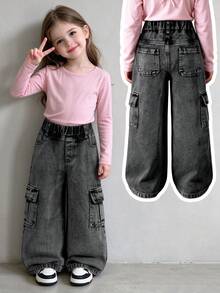 Wide Leg Denim Jeans For Toddlers, Charcoal Graphite Marble Black With Pockets, Unique, Fashionable, Streetwear - Black - View 1